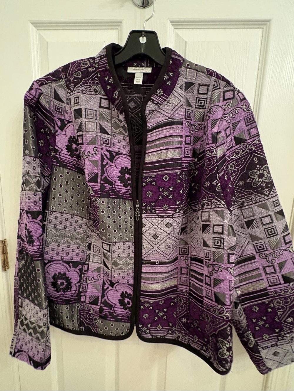 Dressbarn Tapestry Zip Front Blazer Jacket Purple, Gray Patchwork Patterns 18/20